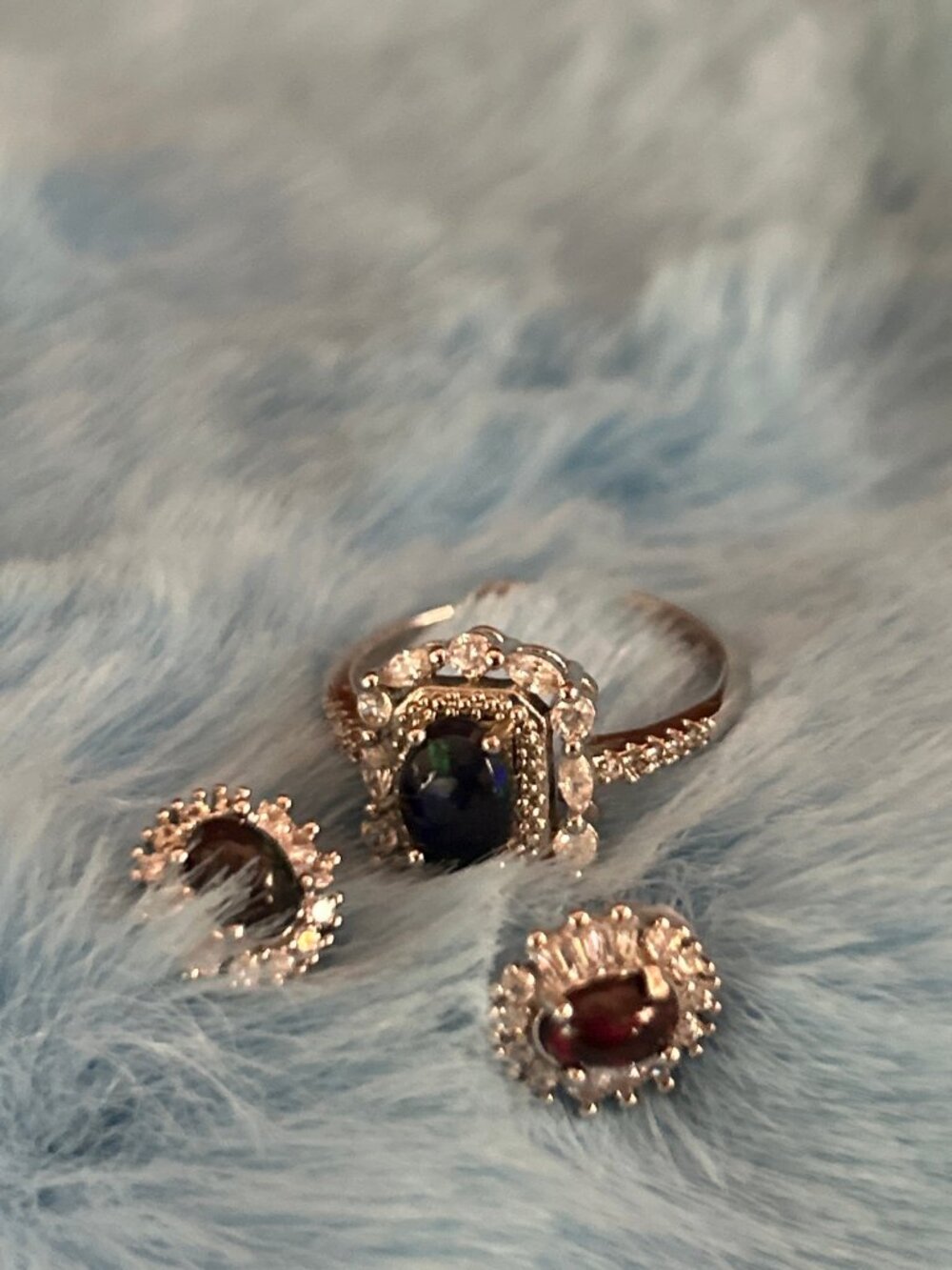 Adjustable Ring Set Dark Stone Crystal Accents Stud Earrings